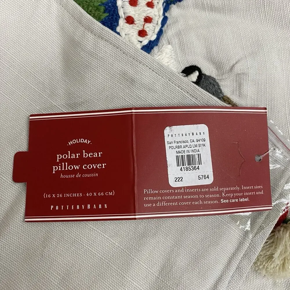 Pottery Barn Polar Bear Sled Lumbar Pillow Cover 16x26 Christmas Holiday NWT